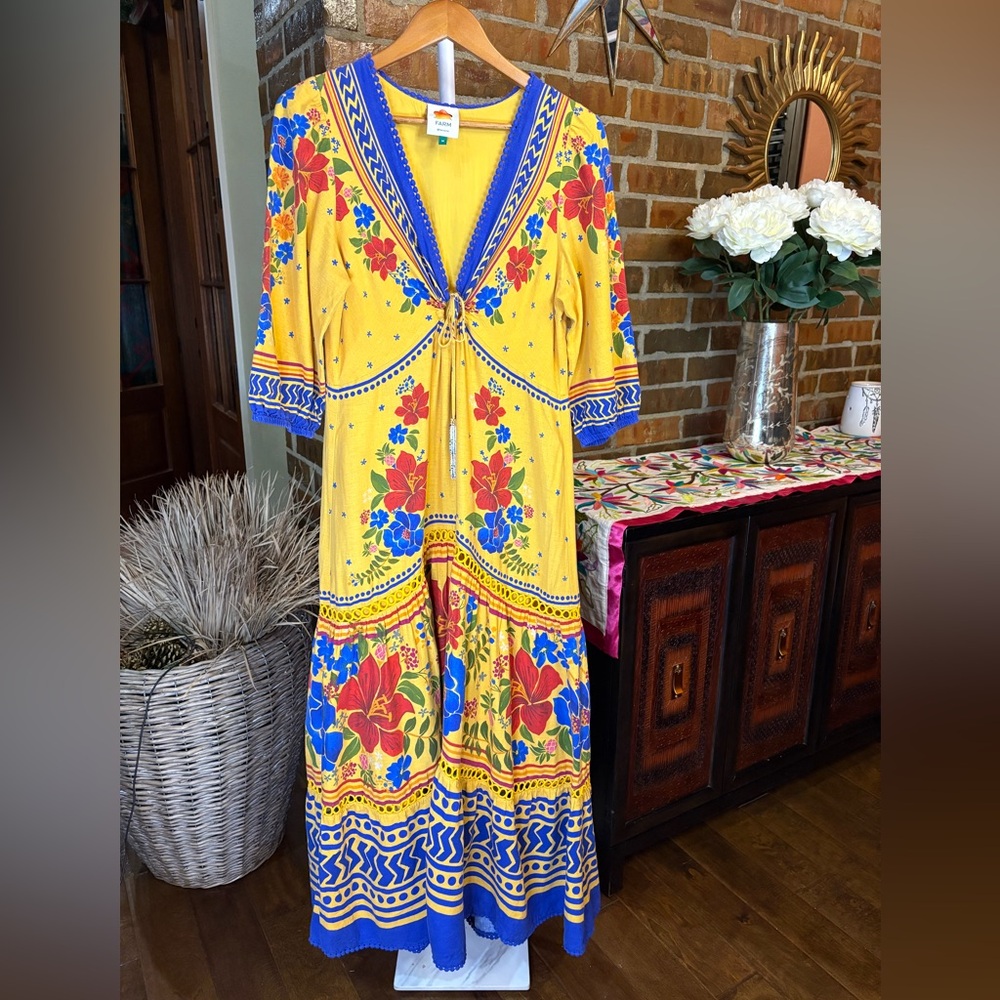 FARM Rio Yellow Floral Maxi Dress with Blue & Red Accents - Picture 6 of 16